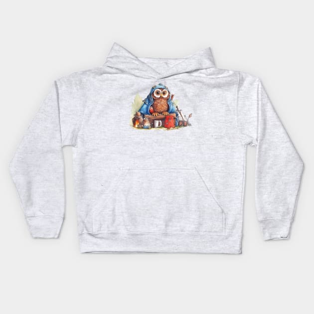 Watercolor Camping Owl #4 Kids Hoodie by Chromatic Fusion Studio